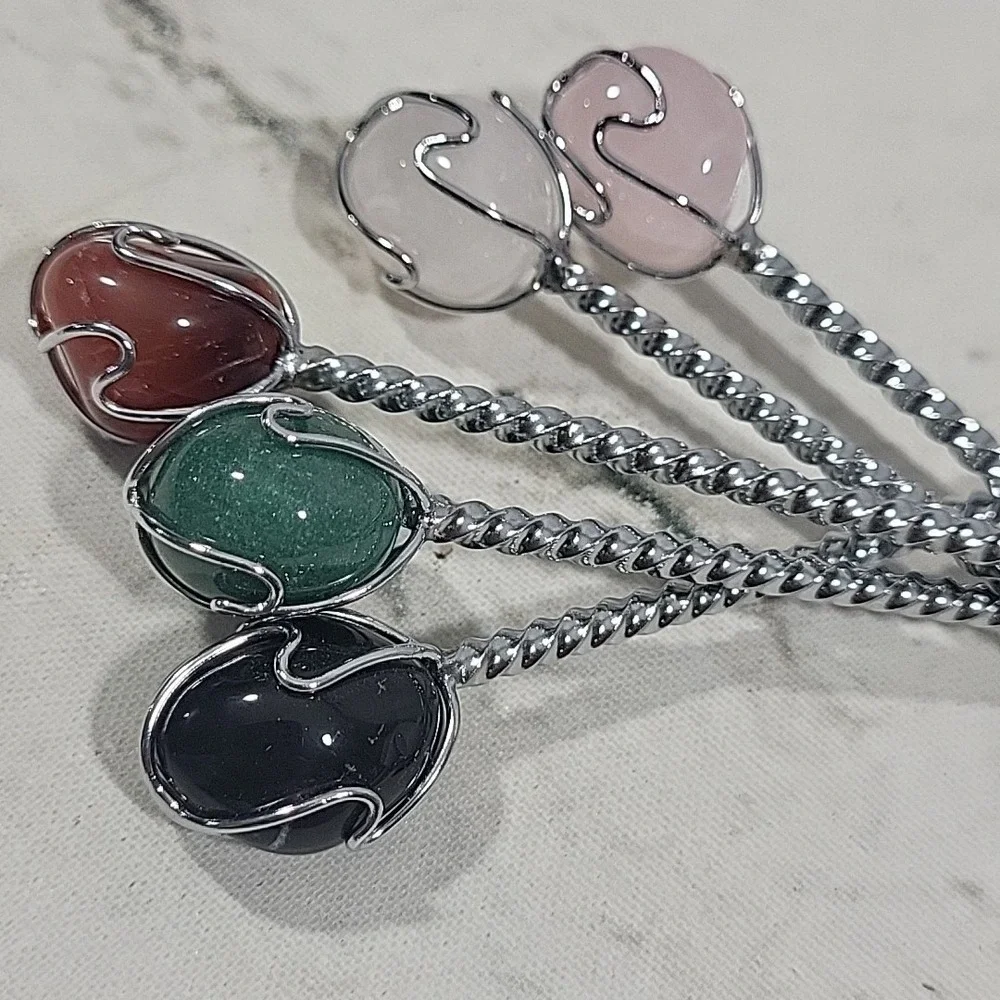 Quartz Topped Cocktail Sporks Silver-tone Wire‎ Wrapped Glossy Stones Set Of 5